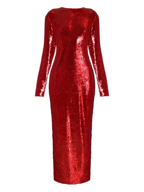 Sequin-embellished long-sleeve dress - Red