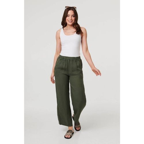 Izabel London Women's High Waist Wide Ankle Length Trousers in Khaki