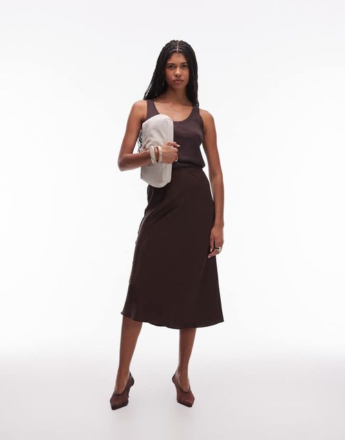 & satin slip midi skirt in brown