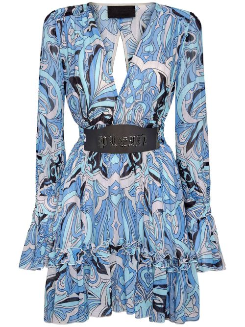 Graphic-print long-sleeved minidress - Blue