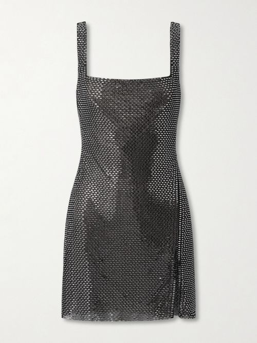 Crystal-embellished Stretch-mesh Mini Dress - Gray