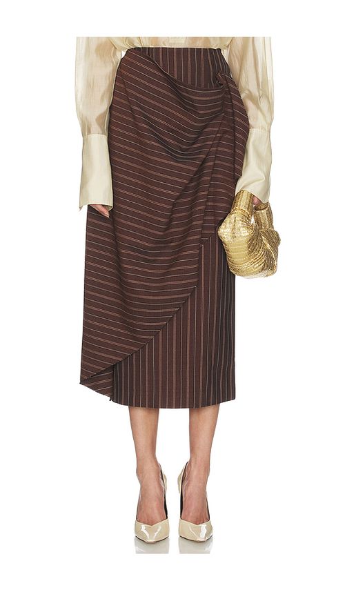 Helsa Stripe Twill Blanket Skirt in Dark Brown Stripe. L also in M, S, XL