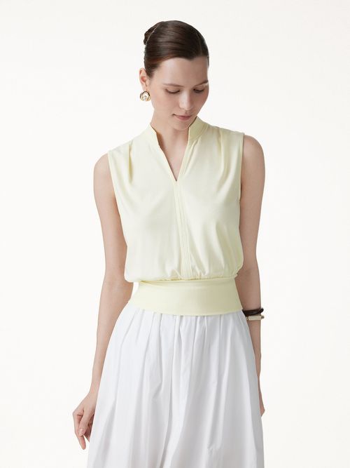 Cotton-Viscose V-neck Stand Collar Sleeveless Top - Cornsilk