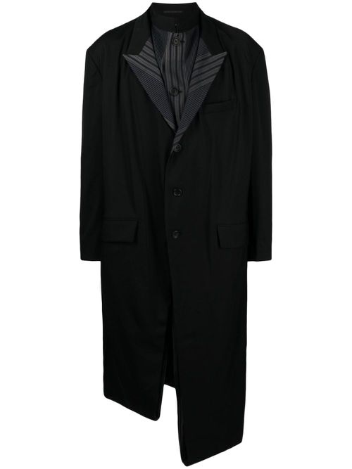 Asymmetric striped-lining wool coat - Black