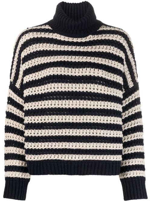 Striped Virgin Wool Blend Sweater — Navy