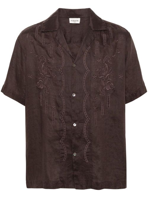 Floral-embroidered linen shirt - Brown
