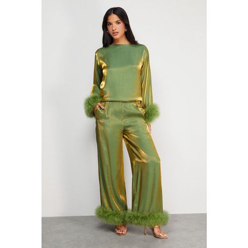 Warehouse Womens Premium Iridescent Feather Cuff Wide Leg Trousers - Green