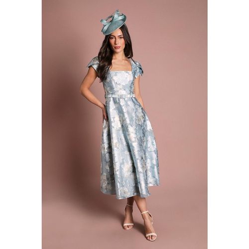 Coast Printed Cap Sleeve Square Neck Belted Midi Dress In Pale Blue