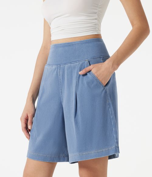 Flex™ High Waisted Denim Casual Baggy Bermuda Shorts 7'' with Pockets  - Powder Blue Denim