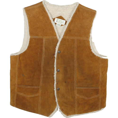 Womens Brown Leather Plain Button Jacket XS Suede Shearling Style Vest