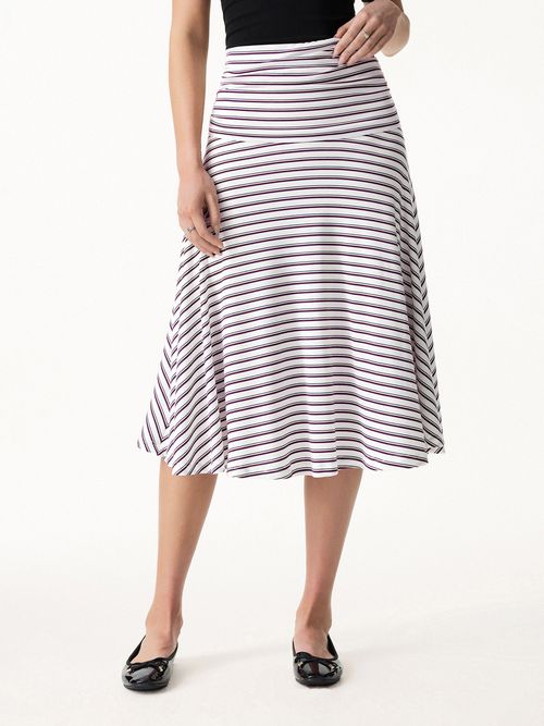 Flowy Striped Circle Flare Ruched Midi Skirt - White/Marron Stripe