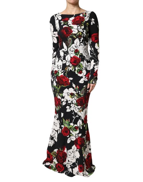 Floral Viscose Bodycon Gown — Black