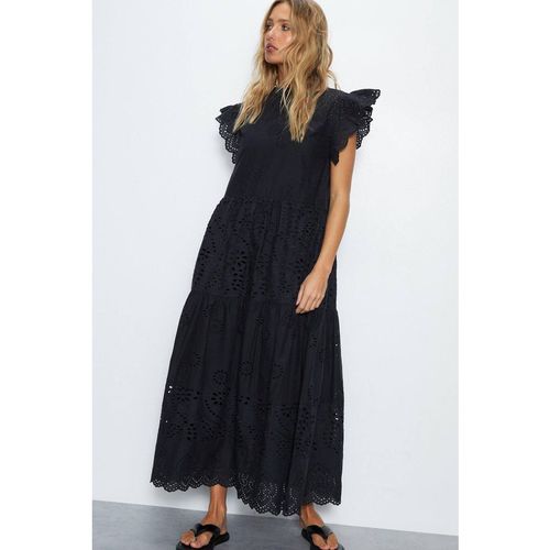 Warehouse Women's Broderie Mix Tiered Midi Dress in Black