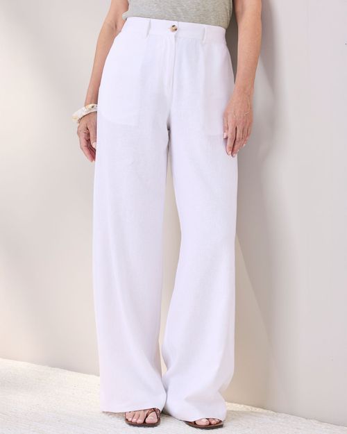 Women's Linen Blend Wide Leg Trousers in White, Viscose