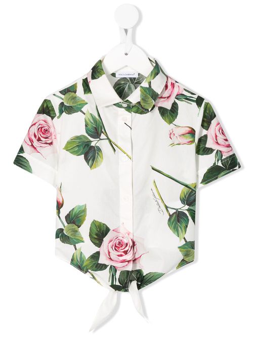 Rose print cropped shirt - White