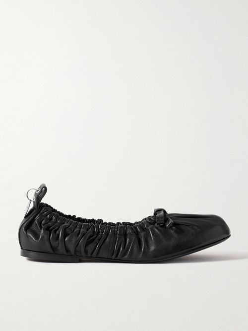Ruched Leather Ballet Flats - Black