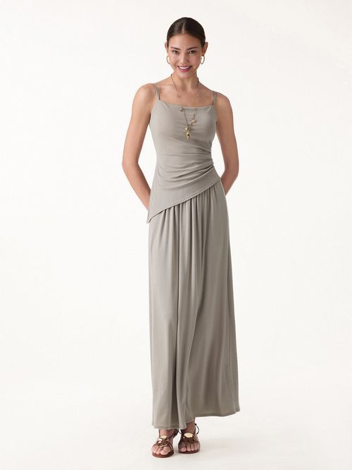 2Pcs Set Spaghetti Bra Top with Side Slit & A-Line Maxi Skirt with Pockets - Dark Alabaster / XS