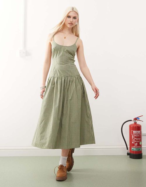 COLLUSION backless drop waist maxi dress in green check-Multi