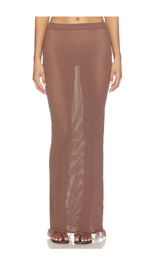 SNDYS Priya Crochet Maxi Skirt in Brown. S. Also in XS