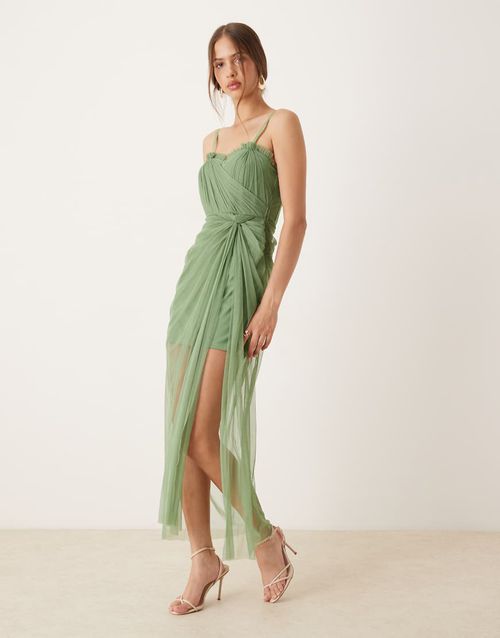 Ruffle hem corset maxi dress in olive-Green