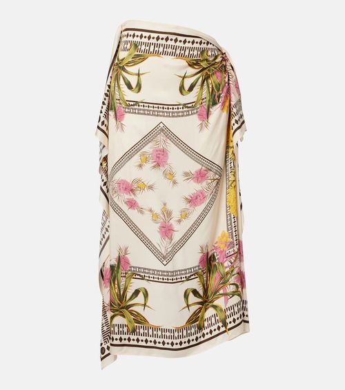 Asymmetric draped printed twill midi skirt