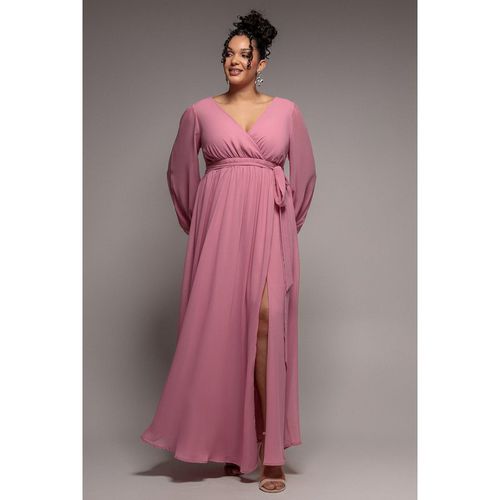 Goddiva Plus Wrap Back With Front Slit Chiffon Maxi Dress - Dusty Pink