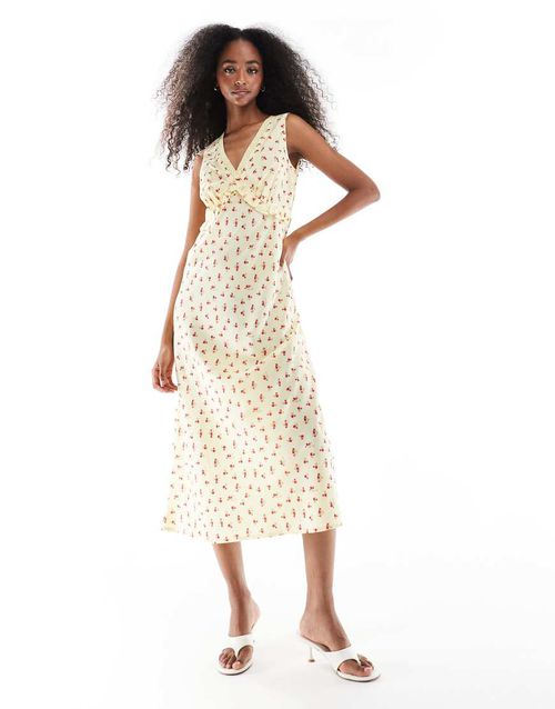 Ditsy floral v-neck midi dress in yellow