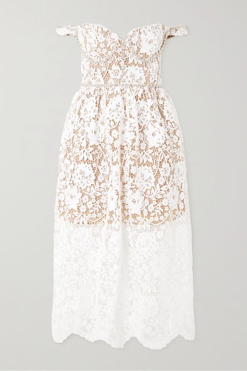 Off-the-shoulder Crystal-embellished Corded Lace Midi Dress - White