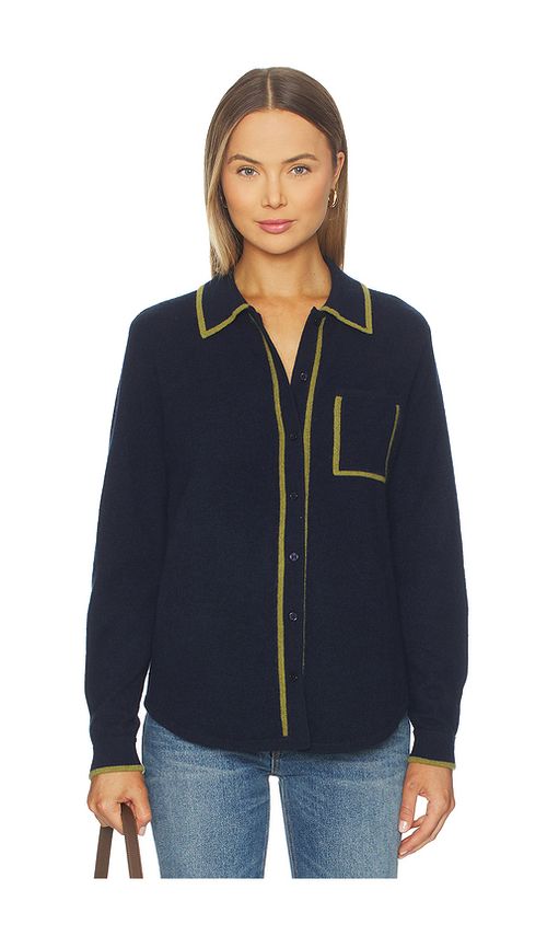 White + Warren Cashmere Tipped Button Shirt in Navy. L. Also in M
