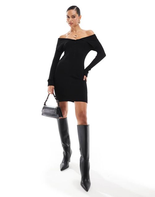 Off shoulder button detail knitted mini dress in black