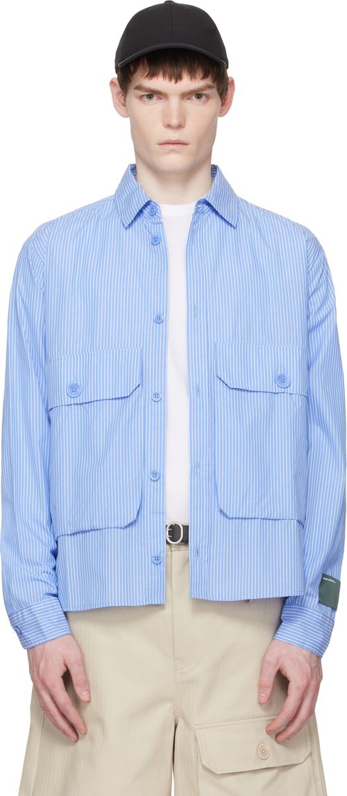 Blue Cotton Chambray Cargo Button Down Shirt