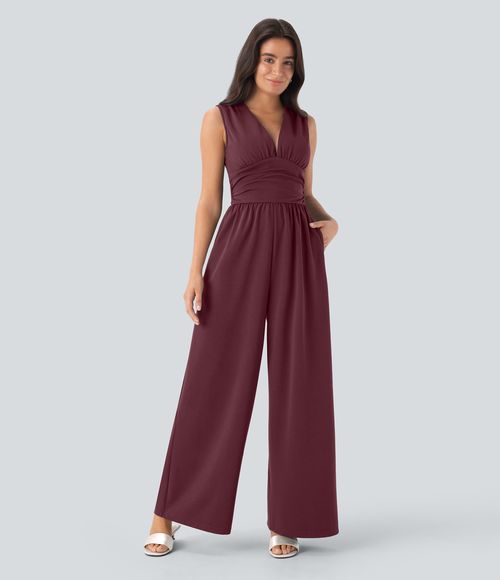 V Neck Sleeveless Ruched Pocket Jumpsuit-Easy Peezy  - Zinfandel