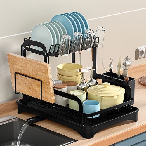 TEMU Soporte de Capa para Cocina Negro, Organizador de Encimera, Soporte para Secar Platos, Porta Tazones, Porta Palillos y Tabla de Cortar