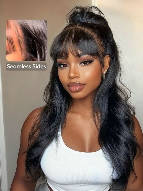 UNice 7x5 Bye-Bye Knots™ & 13x4 Pre-Everything™ Lace Frontal Black Fluffy Natural Loose Wave Curtain Bangs Seamless Sides Wig with Invisi Drawstring