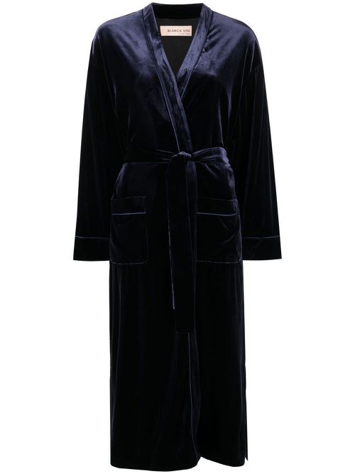 Velvet-effect tie-waist coat - Blue