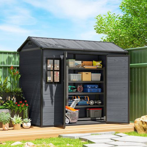Outsunny 8 X Resin Garden Shed With Floor, Lockable Doors In Dark Grey