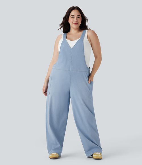 Flex™ V Neck Washed Denim Casual Plus Size Overalls with Pockets  - Powder Blue Denim