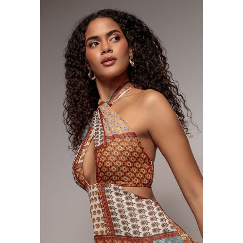 Goddiva Halter Neck Printed Maxi Dress - Mustard