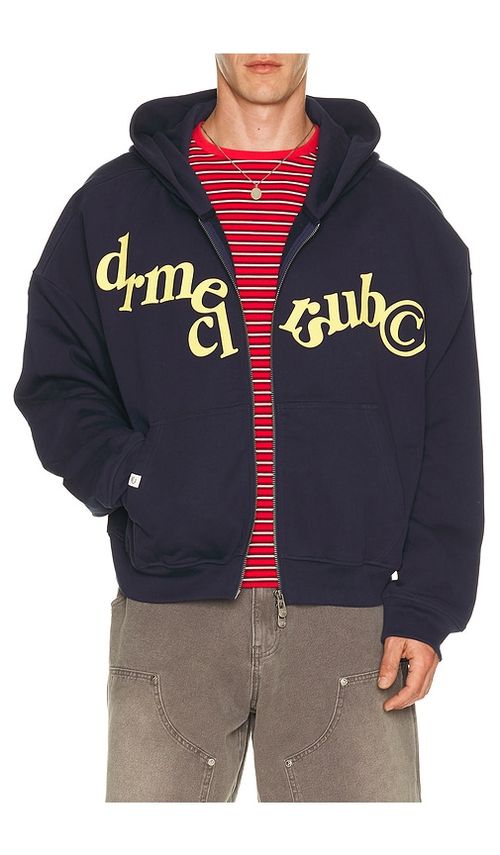 DRMERS CLUB Hanging Letters Zip Up Hoodie in Blue. S. Also in M, L, XL/1X