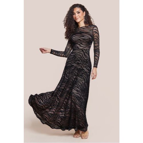 Goddiva Geo Wave Flare Skirt Long Sleeve Maxi Dress - Black