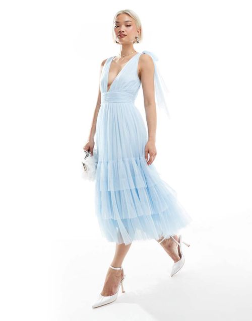 Lace & Beads Bridesmaid Madison bow shoulder tiered midi dress in powder blue