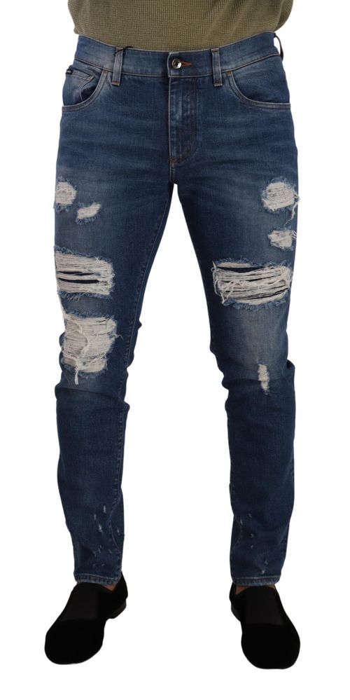 Distressed Cotton-Stretch Jeans — Blue