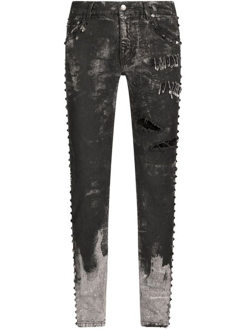 Distressed studded slim-fit jeans - Grey
