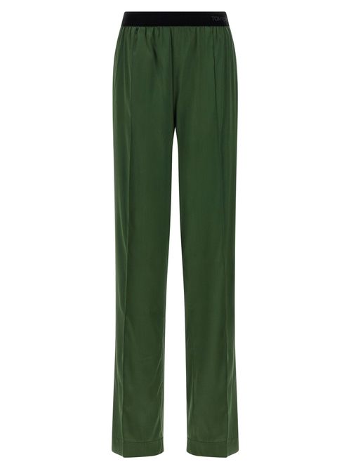 Silk Satin with Velvet Logo Waistband Trousers — Green