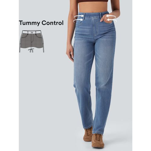 Halara Halara Flex™ High Waisted Tummy Control Multiple Pockets Straight Leg Washed Stretchy Knit Casual Jeans - Blue Spruce Denim - XL(petite)