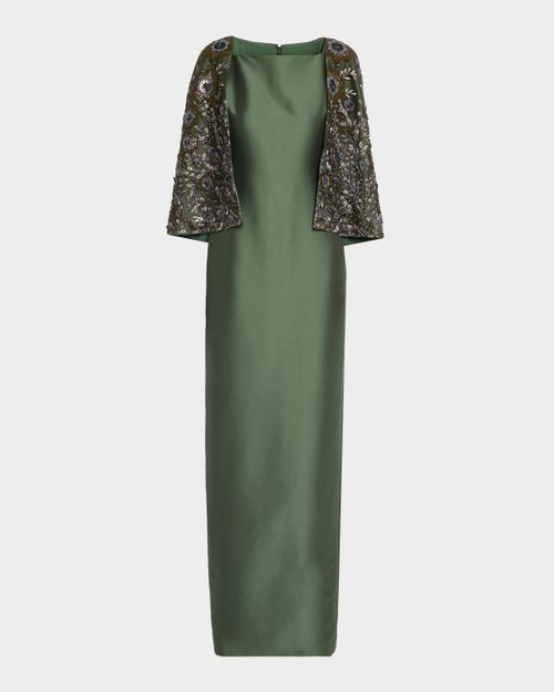 Floral-Embroidered Cape Column Gown