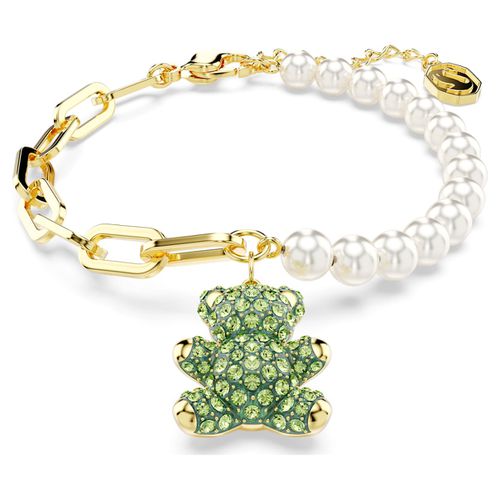 Teddy bracelet, Crystal pearl, Bear, Green, Gold-tone plated