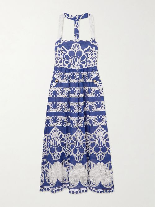Mavaro Lace-trimmed Embroidered Cotton-blend Midi Dress - Blue
