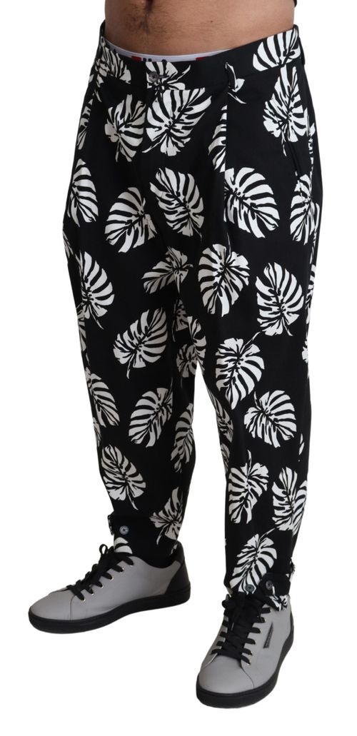 Palm Leaf Print Cotton-Stretch Trousers — Black