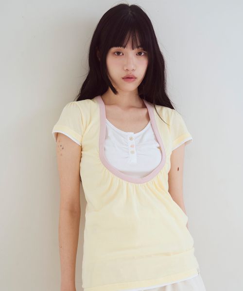 Shirring U neck T-shirts